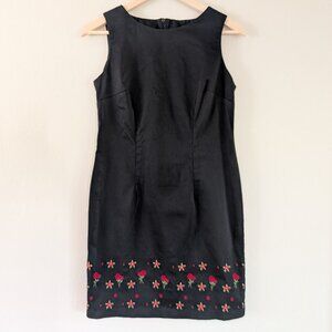 Vintage 90s Embroidered Black Poplin Shift Dress Floral 10P Indie Grunge Elegant
